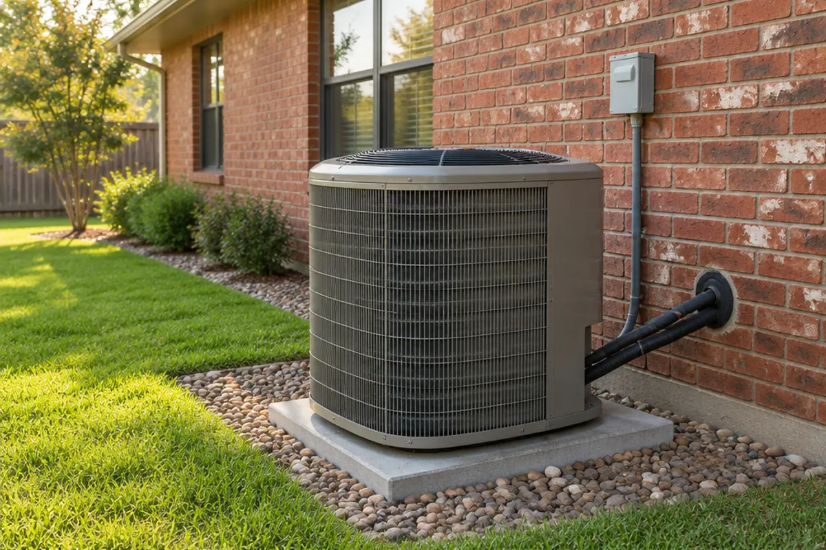 A slim wall-mounted heat pump unit fixed to the rendered wall of a modern house.